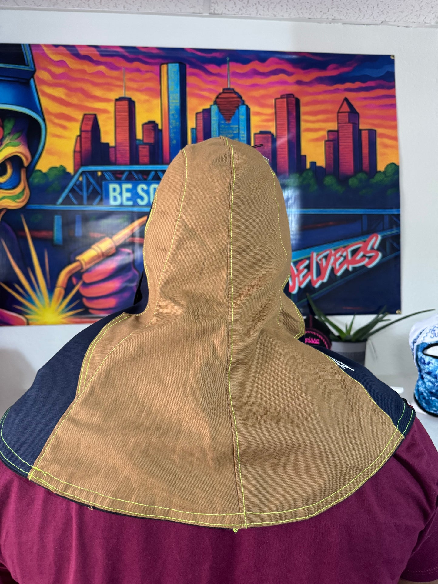 Heavy Duty Cotton Hood - Khaki and Blue w/Green