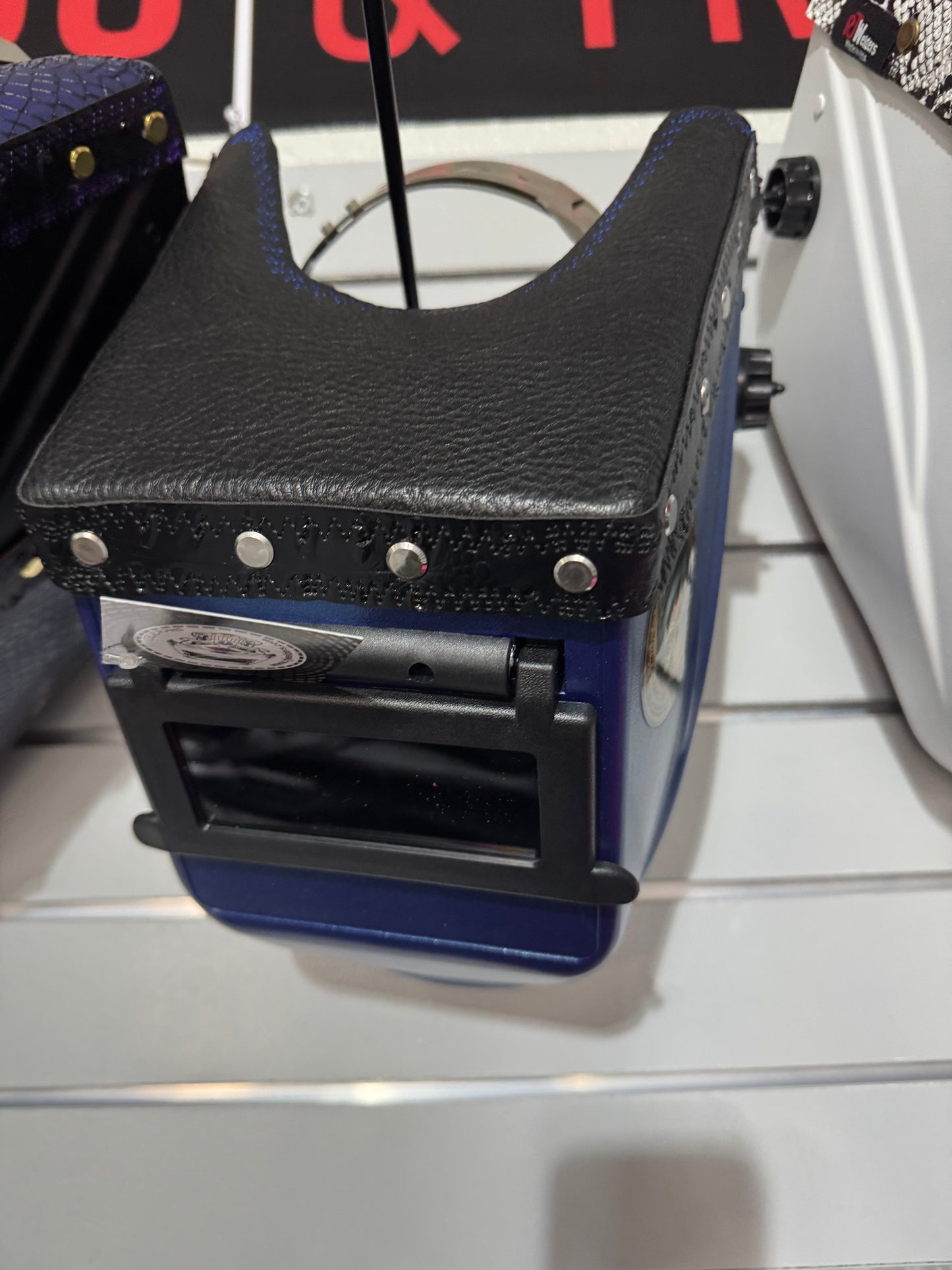 Blue Welding Hood - Black Top Leather Only