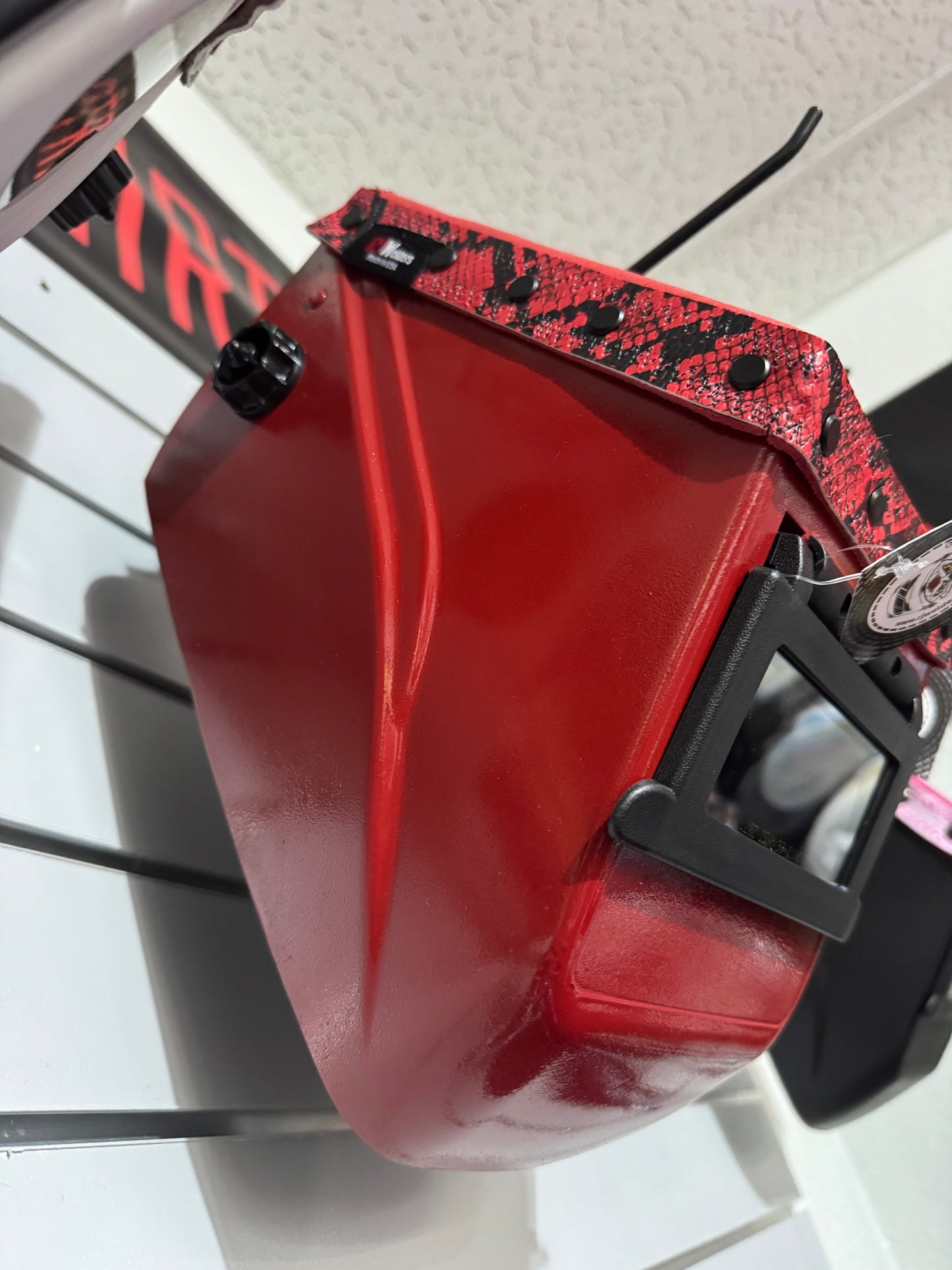 Red on Red Welding Hood - Snake Design - Top Leather Only