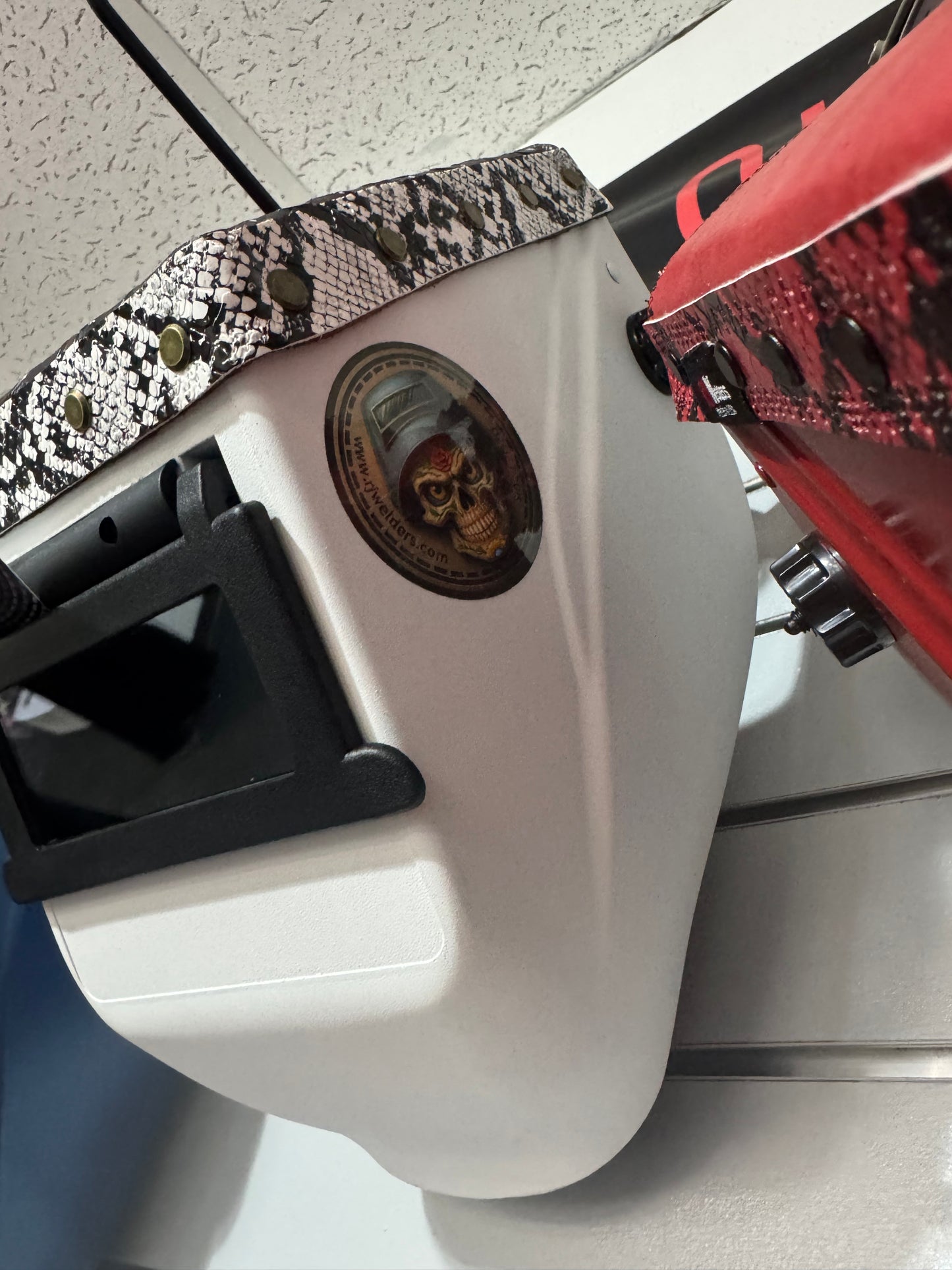 White Welding Hood - Snake Design - Top Leather Only