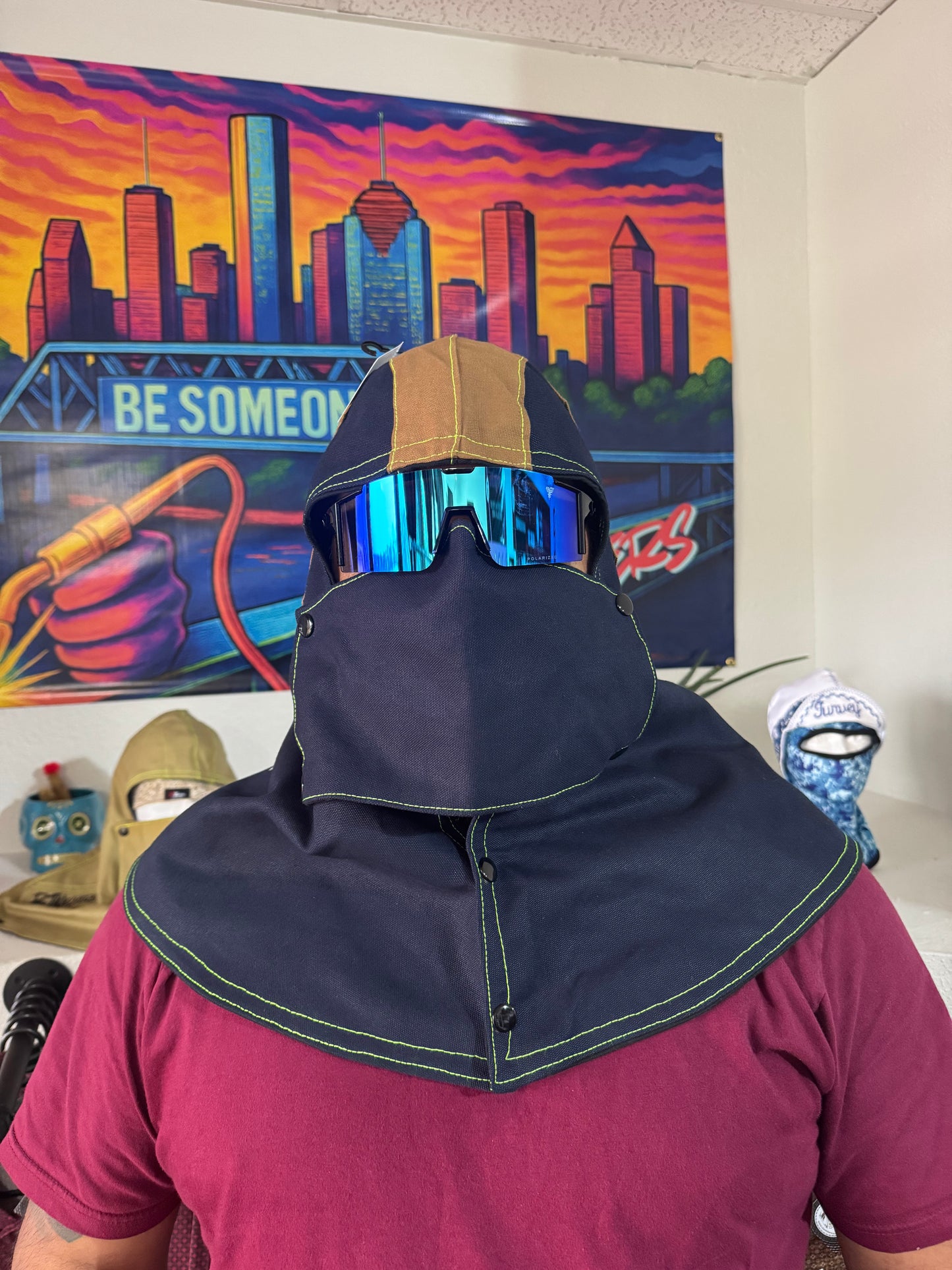 Heavy Duty Cotton Hood - Khaki and Blue w/Green