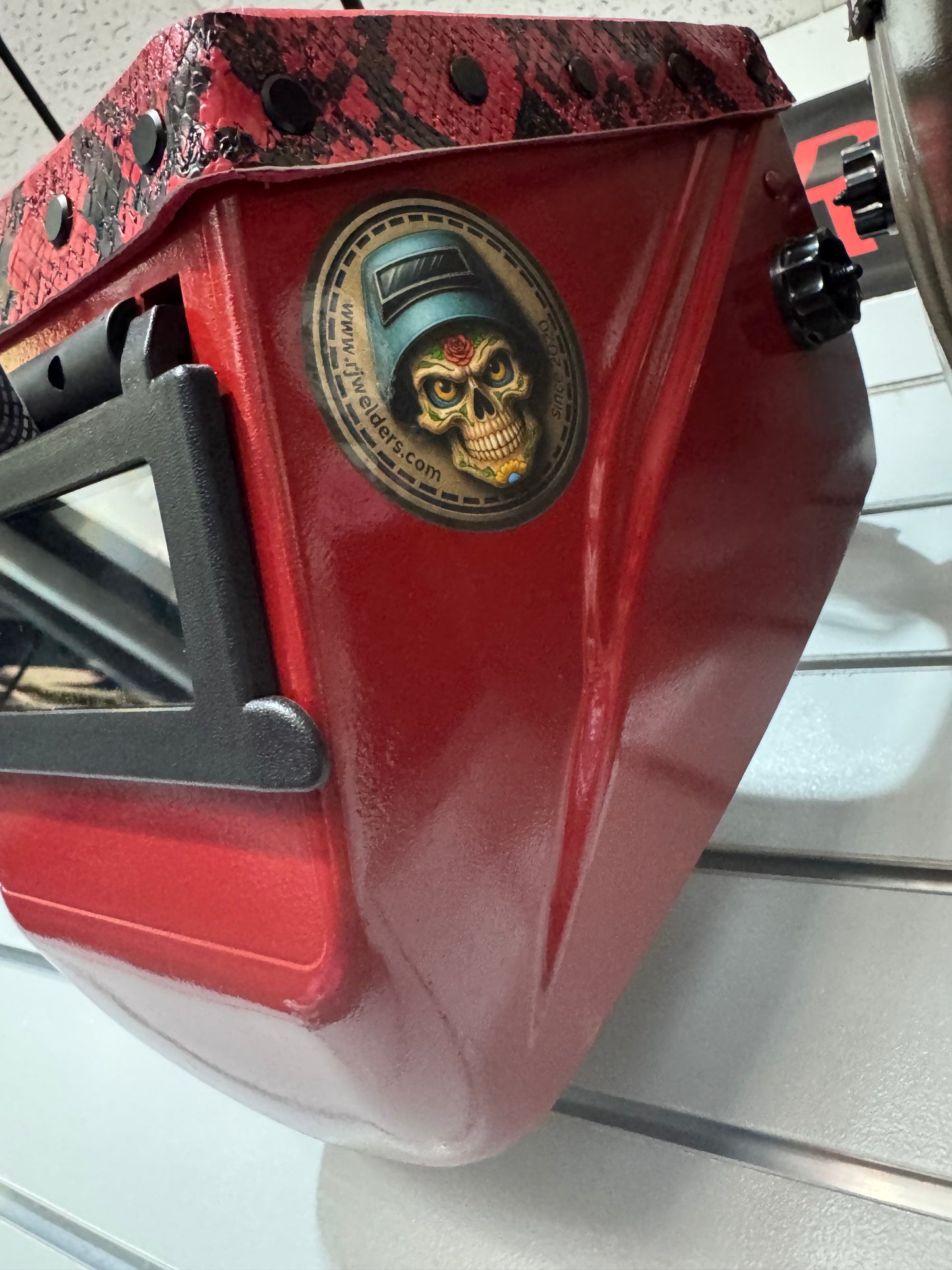 Red on Red Welding Hood - Snake Design - Top Leather Only