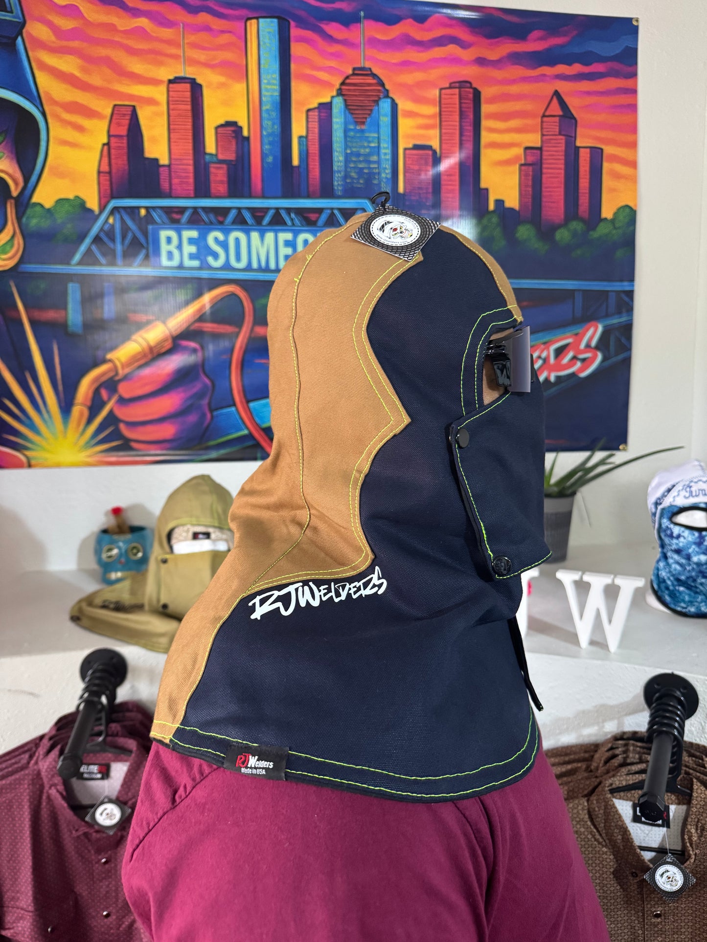 Heavy Duty Cotton Hood - Khaki and Blue w/Green