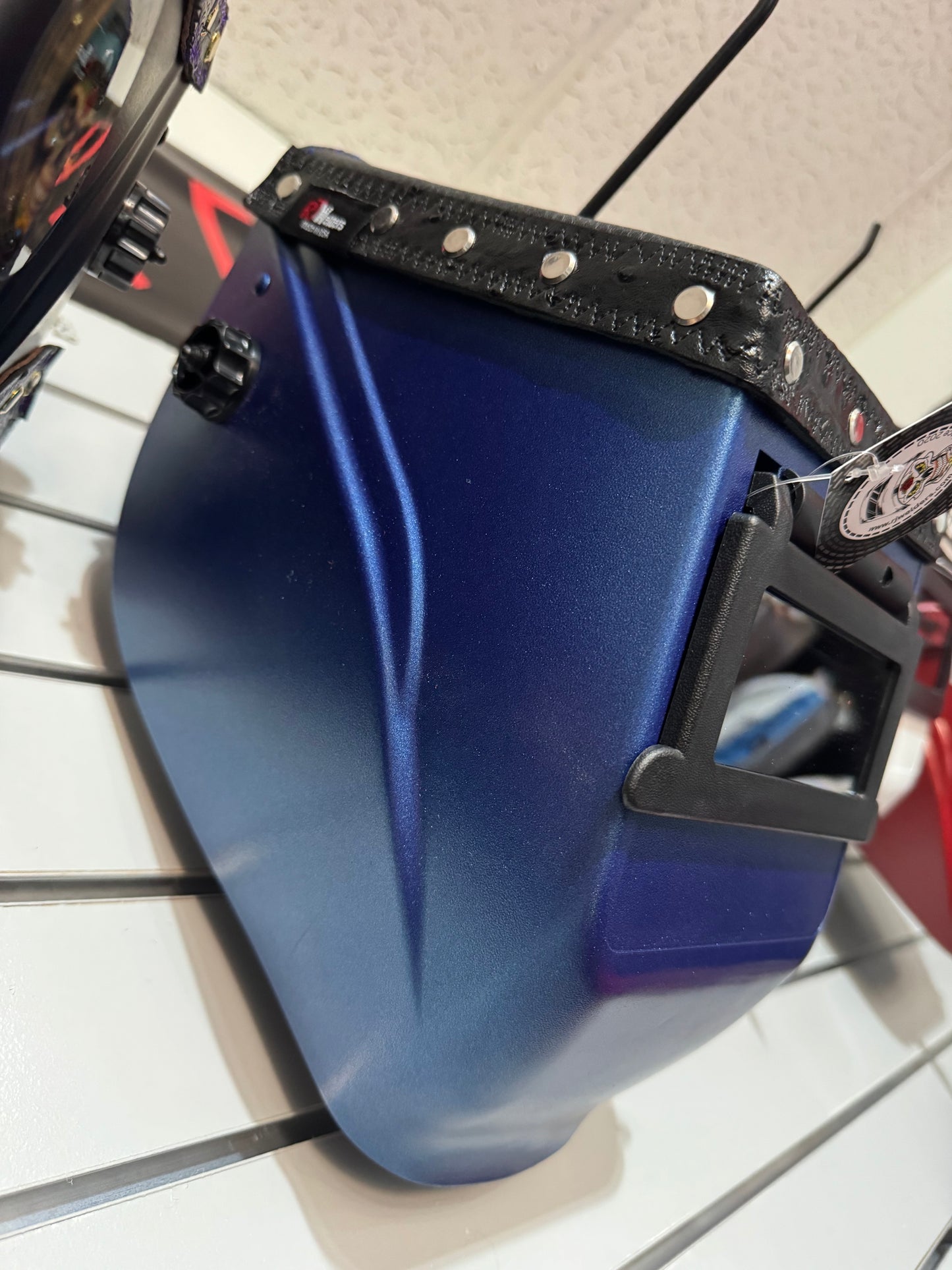 Blue Welding Hood - Black Top Leather Only