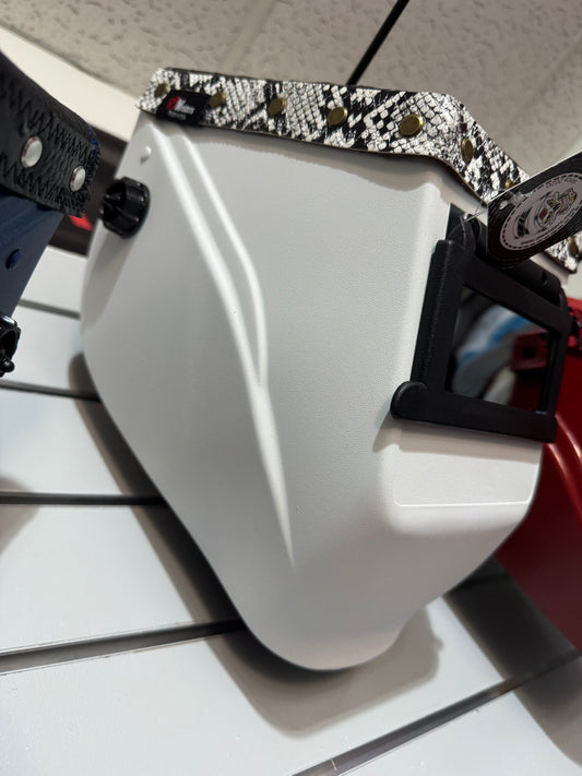 White Welding Hood - Snake Design - Top Leather Only