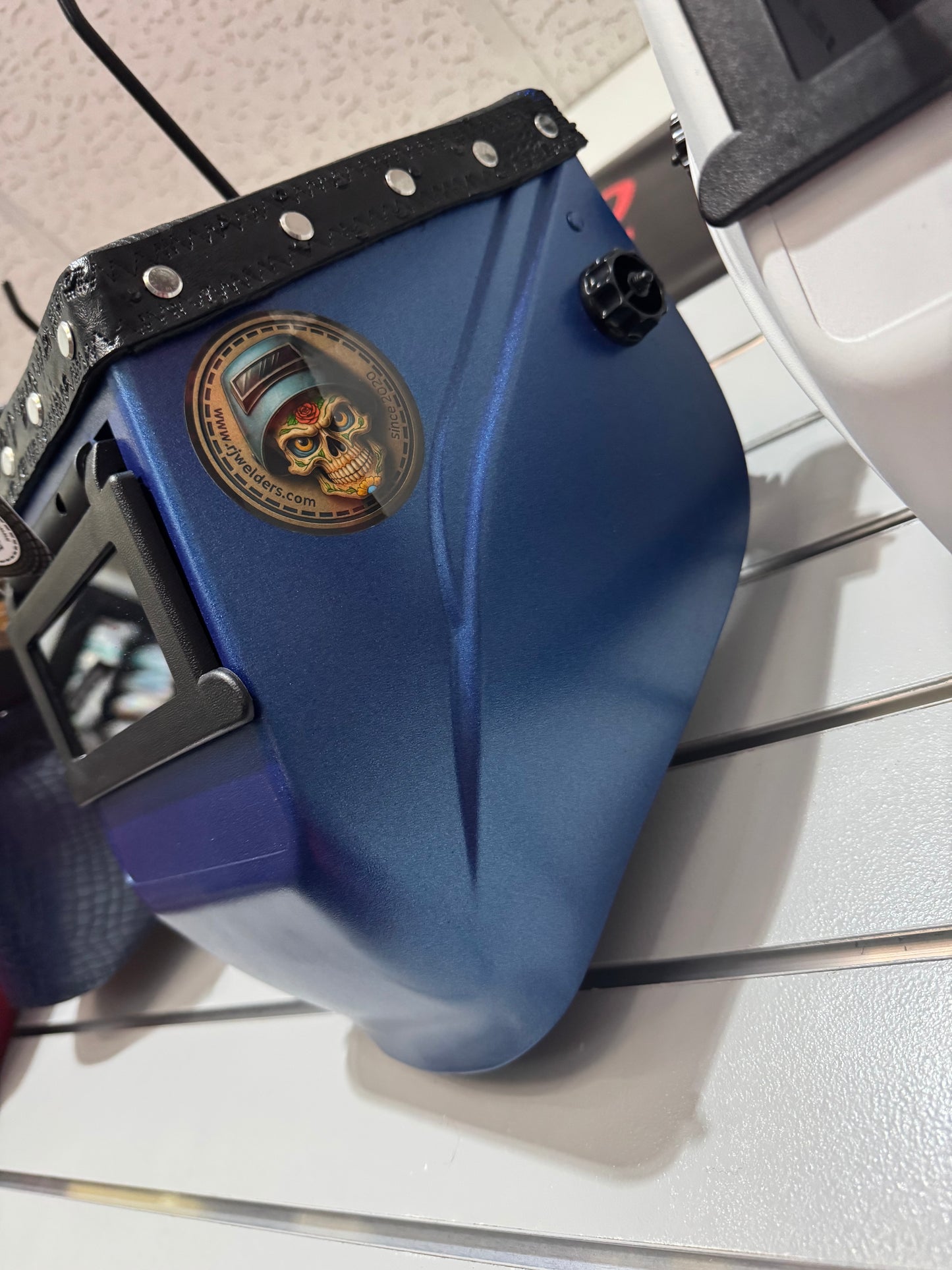 Blue Welding Hood - Black Top Leather Only