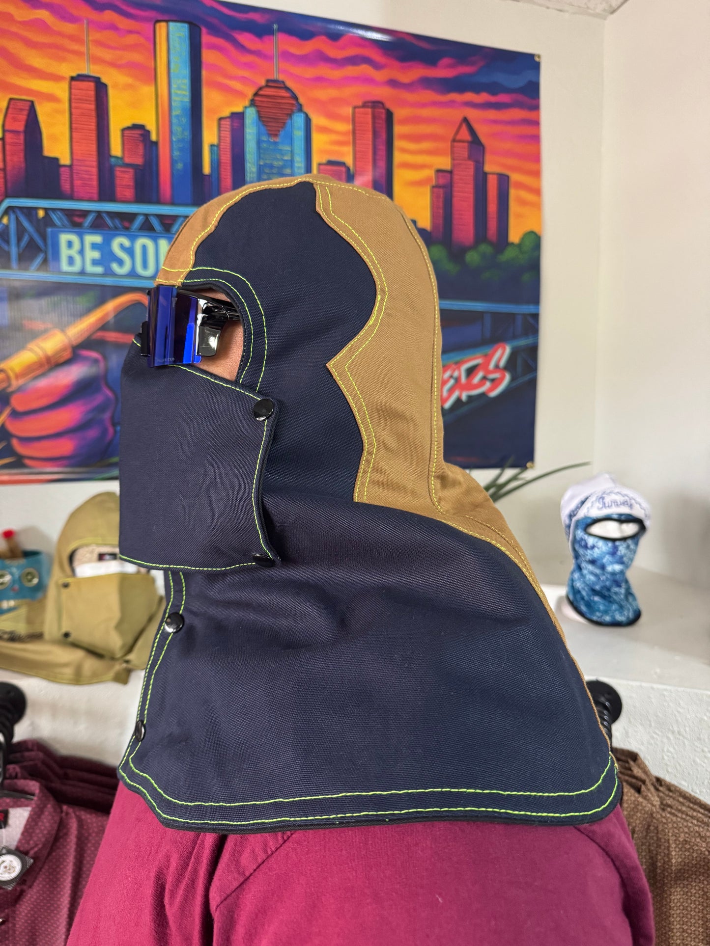 Heavy Duty Cotton Hood - Khaki and Blue w/Green