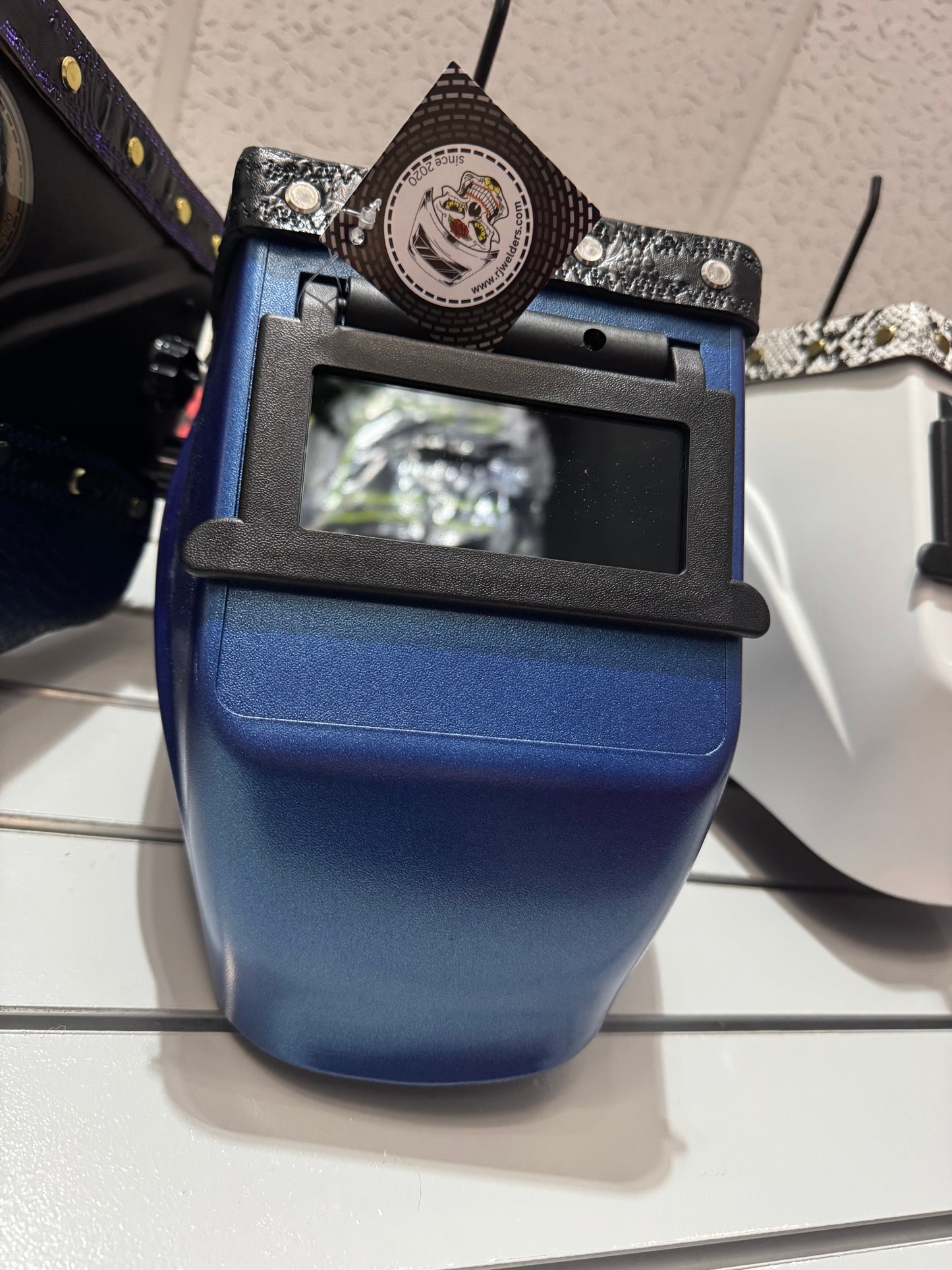 Blue Welding Hood - Black Top Leather Only