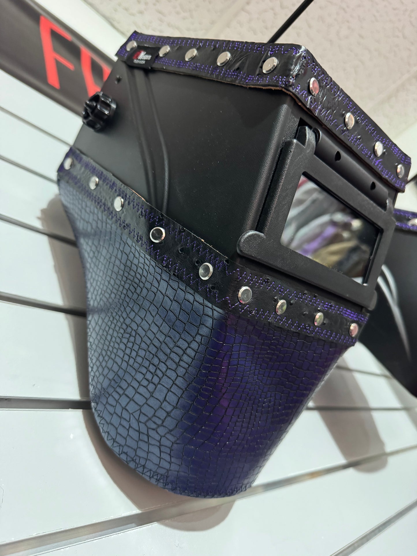 Purple Caiman w/Black Ostrich Design Welding Hood