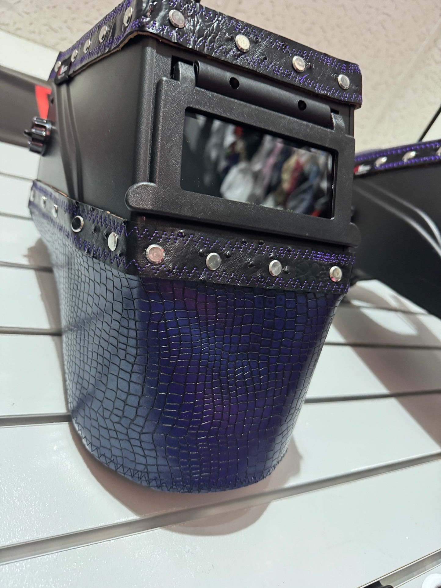 Purple Caiman w/Black Ostrich Design Welding Hood