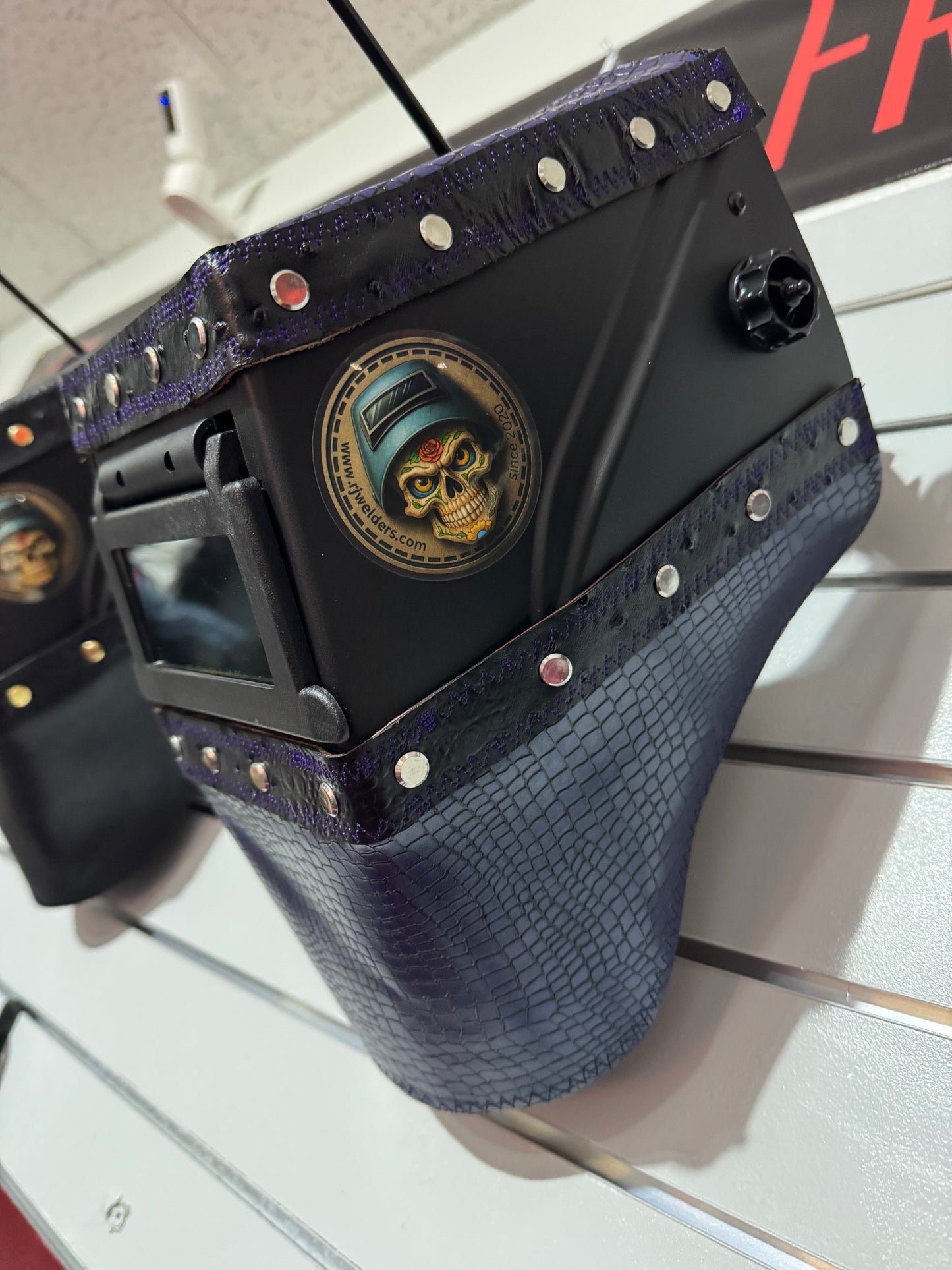 Purple Caiman w/Black Ostrich Design Welding Hood