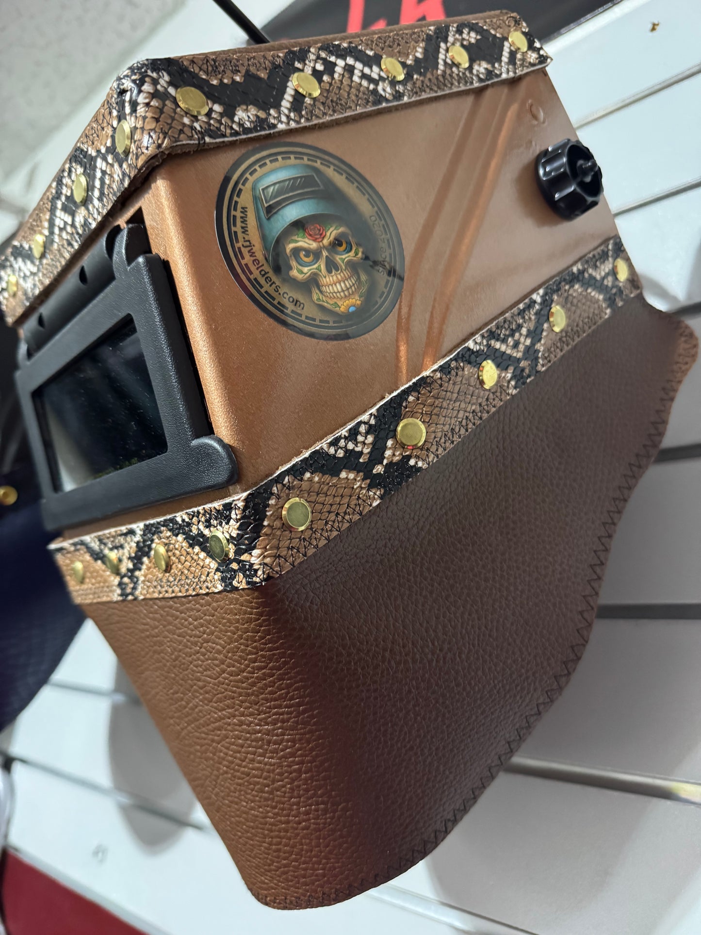 Gold and Brown Welding Hood - Snake Design